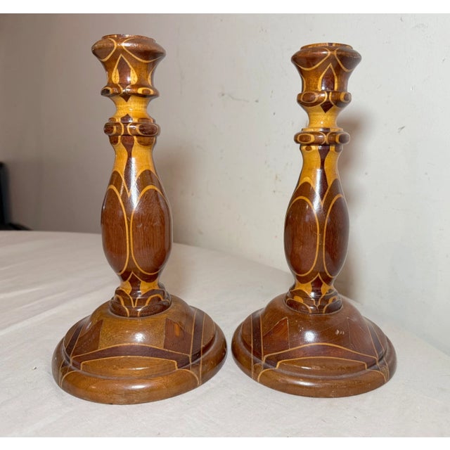 Up for sale is an exquisite pair of antique hand turned wooden parquetry candlesticks. They are made with exquisite...