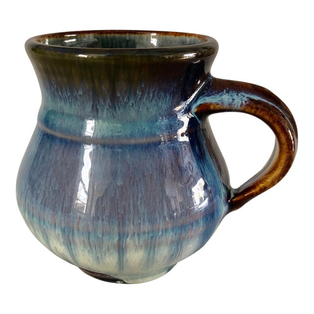 Midcentury Drip Glazed Signed Eligible Pottery Pitcher / Coffee Mug For Sale