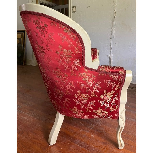 Mid 20th Century 3-Piece Victorian Rococo Revival Style Parlor Suite — Carved Cream & Gold Frames, Burgundy Brocade For Sale - Image 11 of 18