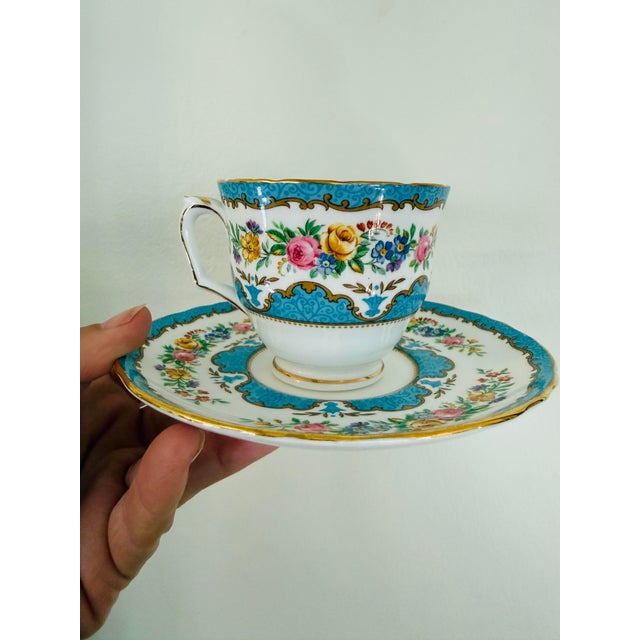 Ceramic Vintage Crown Staffordshire Lyric Tunis Blue Fine Bone China Teacups & Saucers – 13 Pieces For Sale - Image 7 of 12