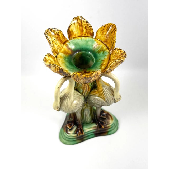 Antique Portuguese Manuel Mafra Majolica Candlestick - Storks With Ochre Leaves & Green Base - 1880s Stunning piece from...