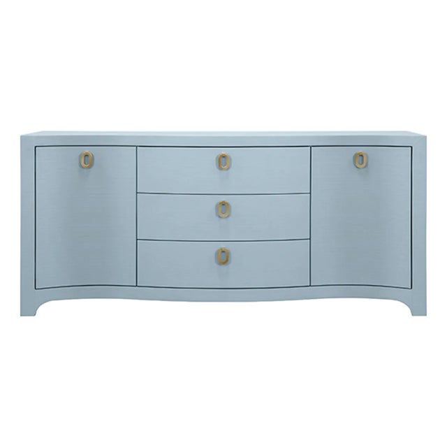 Matthew Izzo Home Paulina Light Blue Curved Front, Linen Wrapped Buffet With Satin Brass Drawer Pulls For Sale