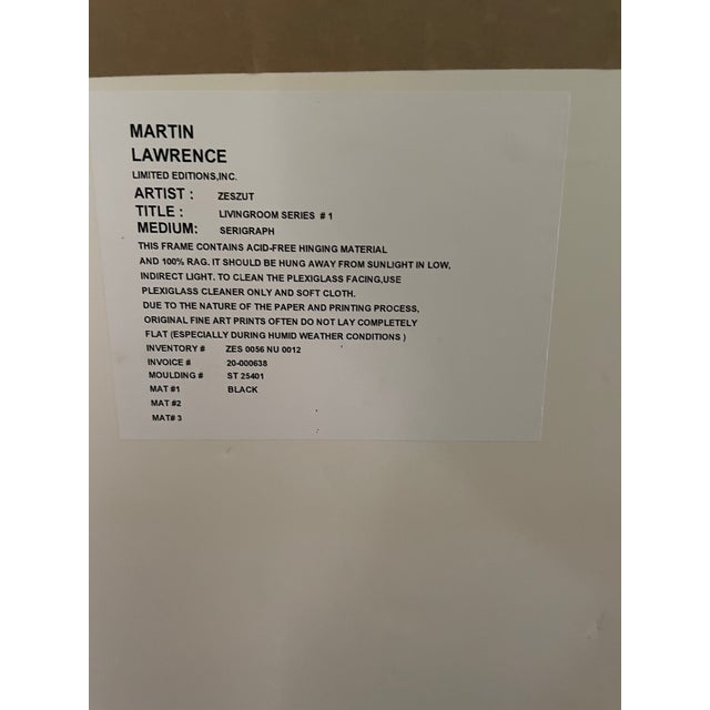 Cornflower Blue 1990s "Living Room Series 1" Interior Scene Serigraph by Laurie Zeszut, Framed For Sale - Image 8 of 9