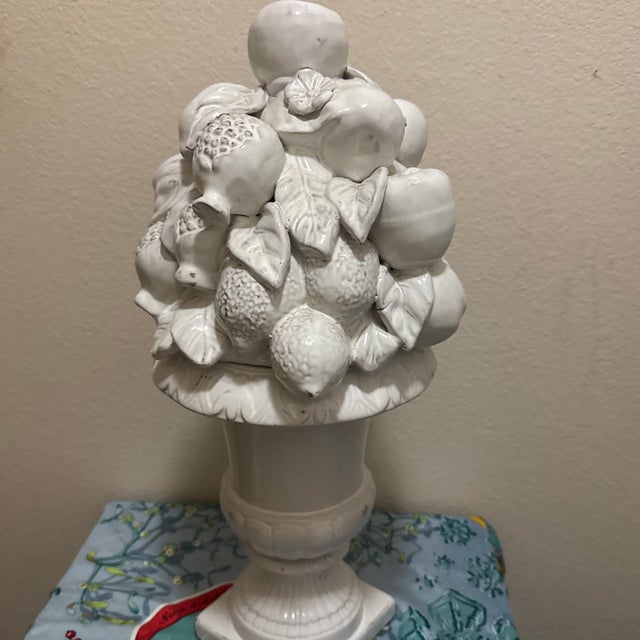 Ceramic Mid-Century Italian White Glazed Ceramic Fruit Pyramid Topiary on Pedestal For Sale - Image 7 of 8