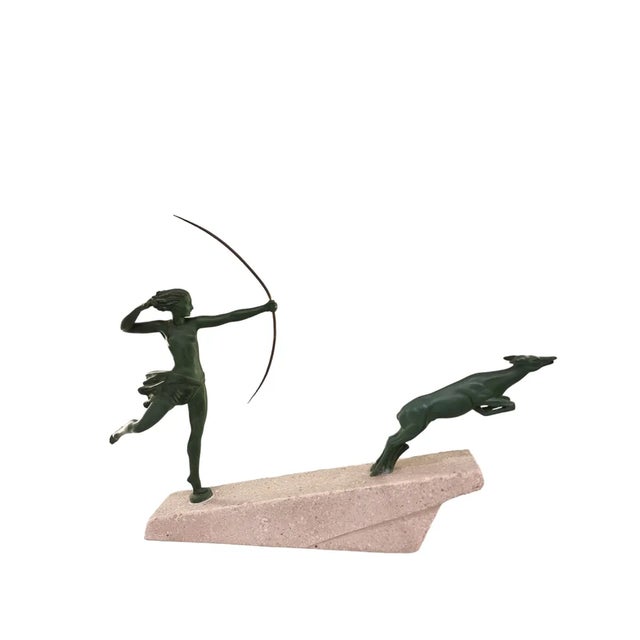Marcel Bouraine / Demarco, Art Deco Hunting Atlanta or Diana Figure with Antelope, 1920s, Metal on Stone Base For Sale - Image 9 of 9