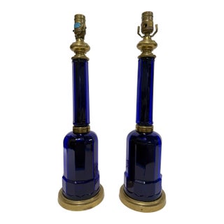 Pair of Vaughan Cobalt Blue Glass and Brass Column Lamps For Sale