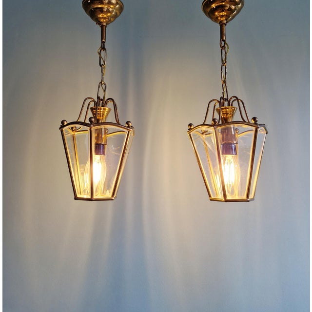 Brass and Beveled Glass Pendant Lights, 1950s-1960s, Set of 2 For Sale - Image 4 of 15
