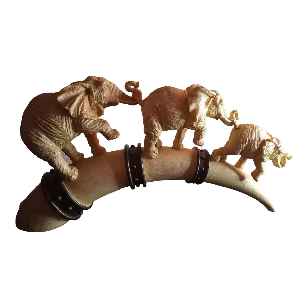 Faux Ivory Resin Horn With Three Trunk Up Climbing Elephants 