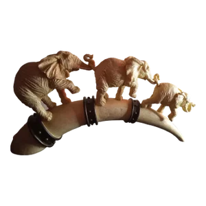 Faux Ivory Resin Horn With Three Trunk Up Climbing Elephants