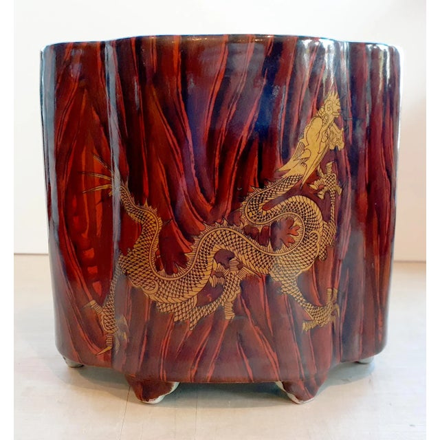 Vintage Chinese Porcelain Faux Bois Gilt Dragon Brush Pot For Sale - Image 9 of 9