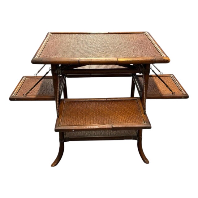 Vintage Rattan Bamboo Table Leather Wrapped With 4 Sides For Sale