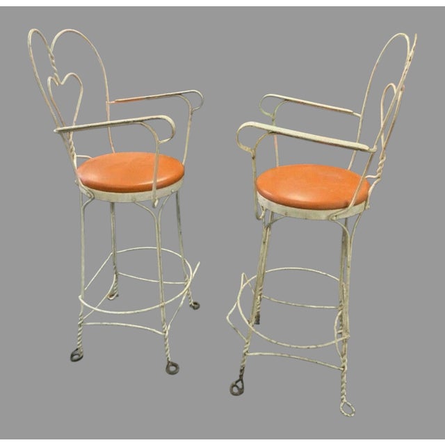 Pair of Vintage Ice Cream Soda Bar Barstool Chairs With Heart Shaped Backs For Sale - Image 4 of 11