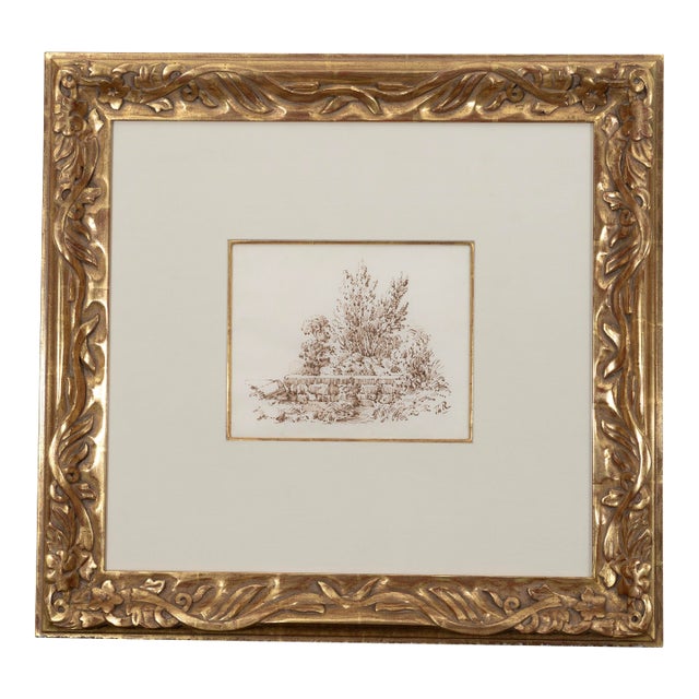 Mid 19th Century Original Théodore Rousseau, Landscape With Stone Fence, Walnut Ink on Paper, 22k GGL Gilded Frame For Sale