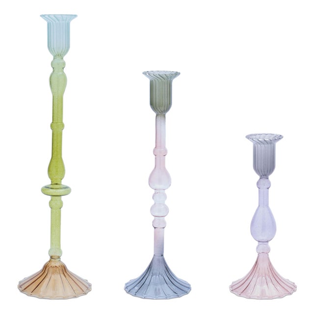 Multicolored Glass Taper Candle Holder (Set of 3) For Sale