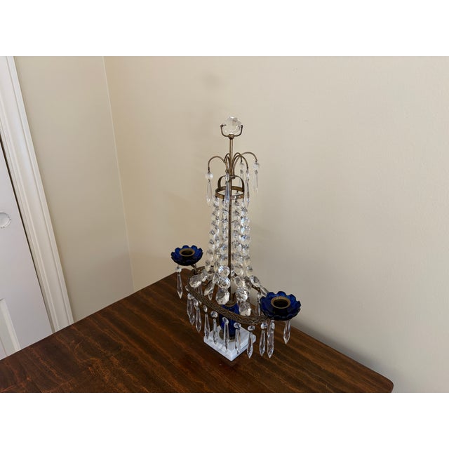 Early 20th Century Gustavian Crystal Girandole With Cobalt Glass and Marble For Sale - Image 4 of 13
