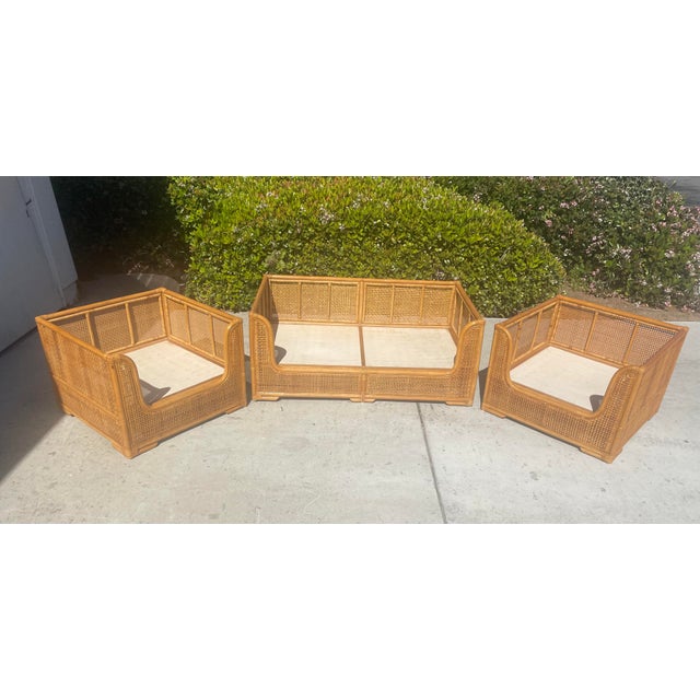 Wood Vintage Rattan Sofa & Lounge Chairs, New Perennials Upholstery For Sale - Image 7 of 9