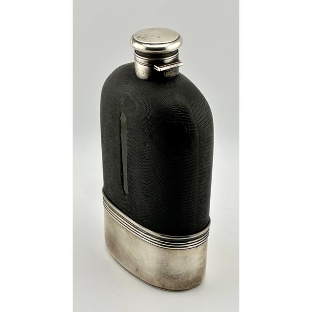 Fine Quality Antique Large 1 Pint Size Sterling Silver Crystal & Snakeskin Whiskey Travel Flask by Gorham Manufacturing Co. For Sale - Image 12 of 18