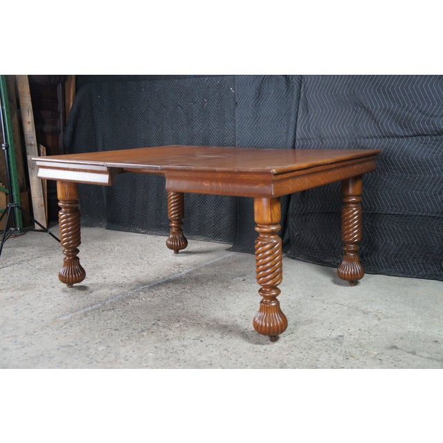 Antique American Arts & Crafts Quartersawn Oak Barley Twist Dining Table Extends For Sale - Image 14 of 18