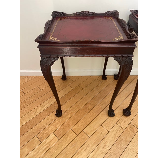 Pair of Antique Solid Mahogany Regency Leather Top End Tables 1940’s For Sale In New York - Image 6 of 12