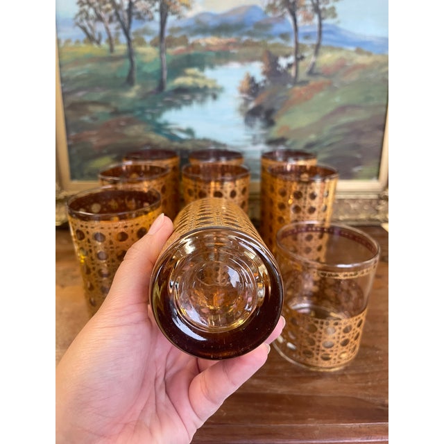Mid-Century Modern 1960s Gold-Toned Filigree Highball & Lowball Glassware Set - Set of 9 For Sale - Image 10 of 10