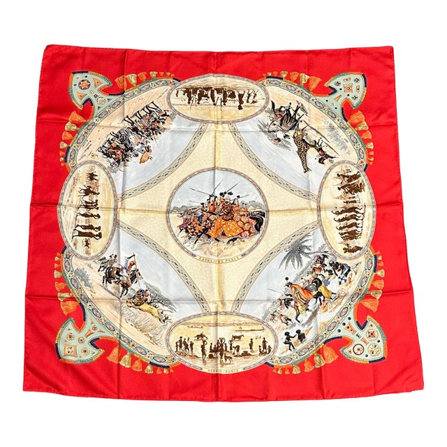 Hermes Carre Africa Tribe Vintage 90cm Red Silk Scarf For Sale