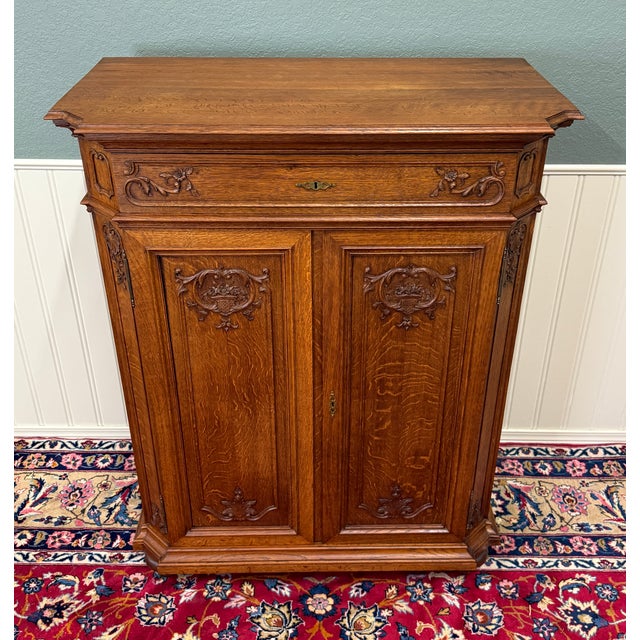 Wood Antique French Double Door Cabinet Cupboard Carved Honey Oak Drawer Early 20th For Sale - Image 7 of 17