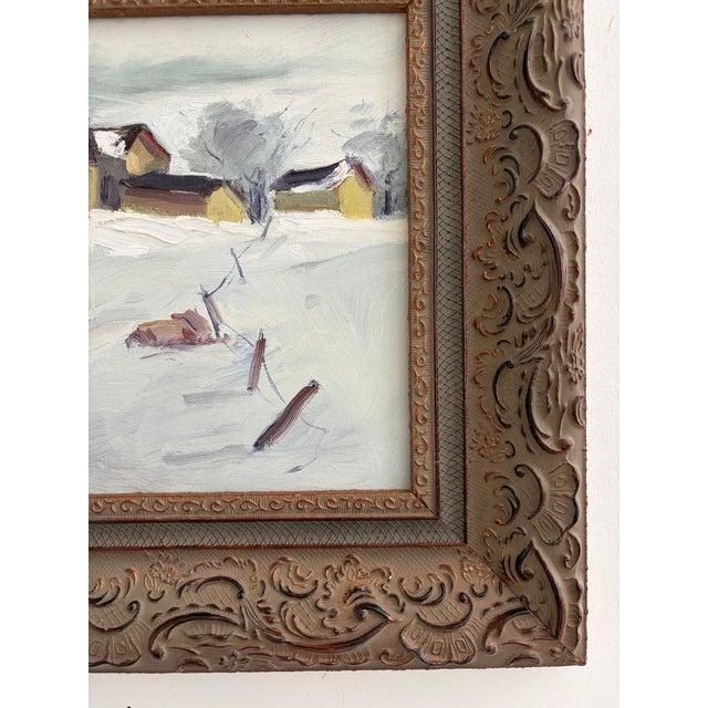 Metal Vintage Original Oil Painting on Board – Snowy Farm and Barn Winter Landscape – Ornate Frame For Sale - Image 7 of 17
