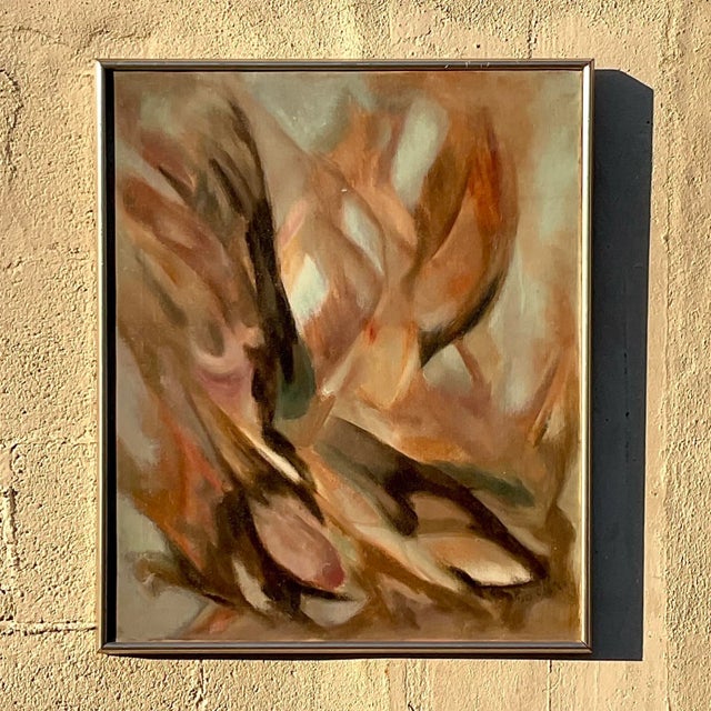 A fantastic vintage Boho original oil painting. A beautiful abstract in warm muted colors. Signed and dated by the artist...