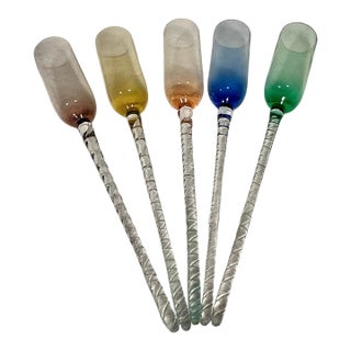 Vintage Long Stem 17" Champagne Toasting Flutes Hand-Blown Twisted Stems Multicolor Bowls - 5 Piece Set For Sale