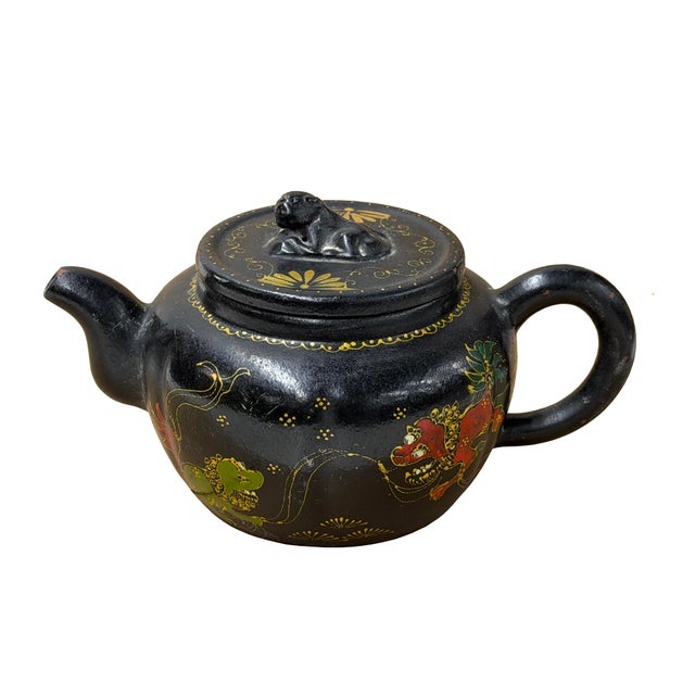 1990s Oriental Zisha Clay Black Glaze Foo Dogs Lions Graphic Display Art Teapot For Sale - Image 5 of 10