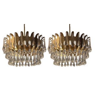 Gilded Waterfall Crystal Glass Chandeliers from Palwa, 1960s, Set of 2 For Sale