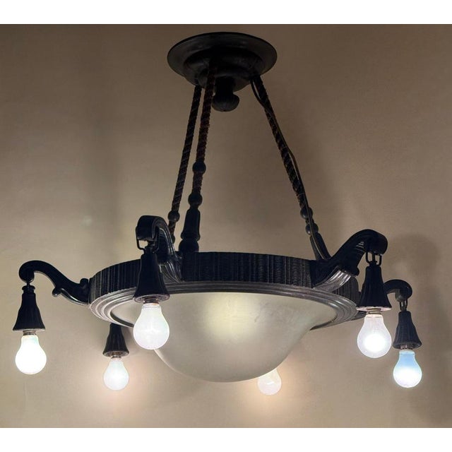 1930s Art Deco Frosted Milk Glass Chandelier, Germany, 1930s For Sale - Image 5 of 15