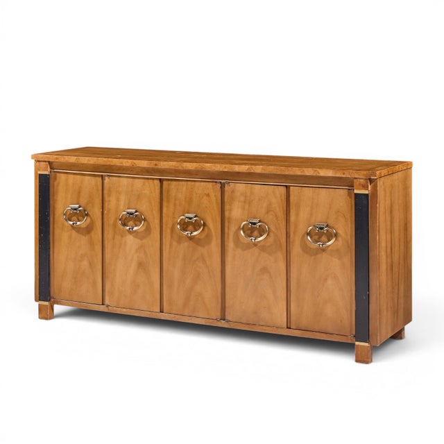 Mid-Century Modern American of Martinsville Mid Century Walnut, Burlwood and Brass Credenza For Sale - Image 3 of 11