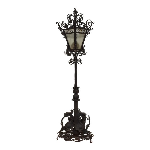 Large Italian Wrought Iron Outdoor Lamppost from Mazzucotelli, Italy, 1910s For Sale