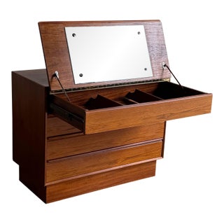 Mid Century Danish Teak Vanity Dresser by Westnofa Flip Top Mirror Chest For Sale