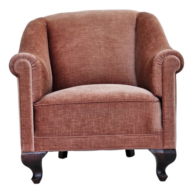 Vintage Danish Lounge Chair in Salmon Pink Furniture Velour and Ash Wood, 1950s For Sale