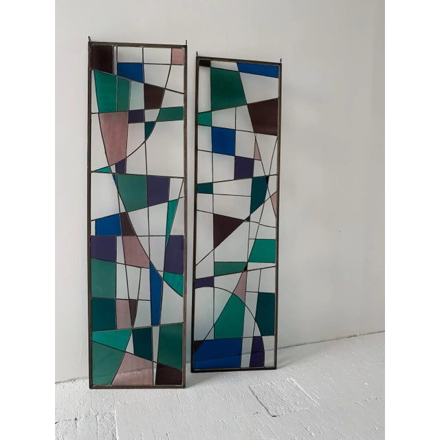 Green Mid Century Geometric Abstract Stained Glass Panels - a Pair For Sale - Image 8 of 8