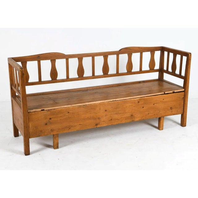 Gustavian (Swedish) 19th Century Swedish Hand-Carved Pine Settle Bench With Storage For Sale - Image 3 of 7