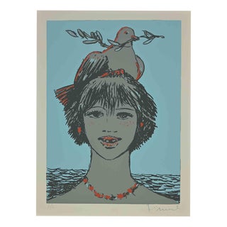 Salvatore Fiume, Portrait with Dove, 1970s, Screen Print For Sale