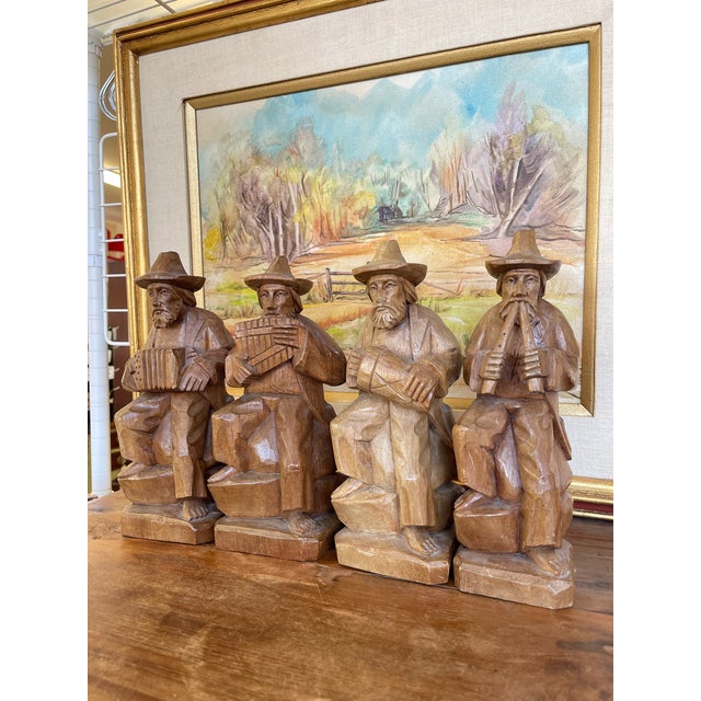 Wood Vintage Hand-Carved Wood Folk Art Musician Figurines, Set of 4 Seated Players For Sale - Image 7 of 11