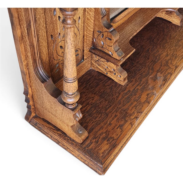 Antique Victorian Revival Quartered Oak Stick & Ball Hanging Shelf, 1890 For Sale - Image 11 of 11