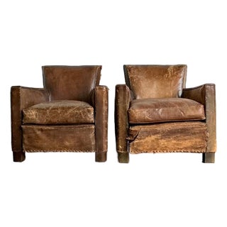 Vintage Deco Distressed Leather Lounge Chairs - A Pair For Sale