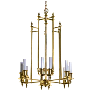 Twelve-Light Brass Skyscraper Chandelier