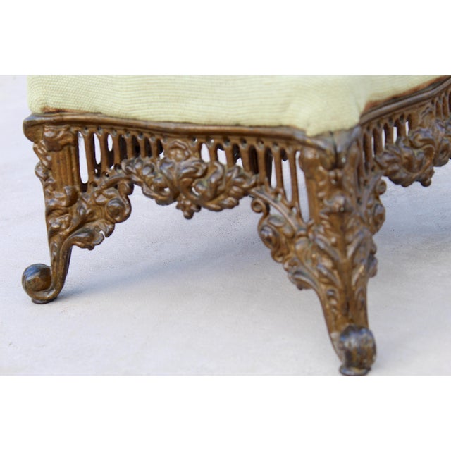 Metal Vintage 1940s Rococo Revival Gilt Cast Iron Footstool With Floral Needlepoint Cushion For Sale - Image 7 of 13