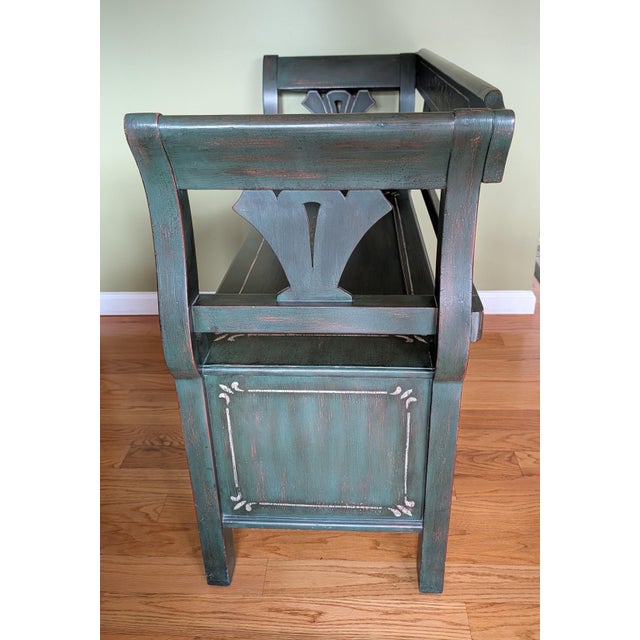 Hand-Painted Folk Art Storage Bench – Rustic Green With Floral Motifs For Sale - Image 4 of 10