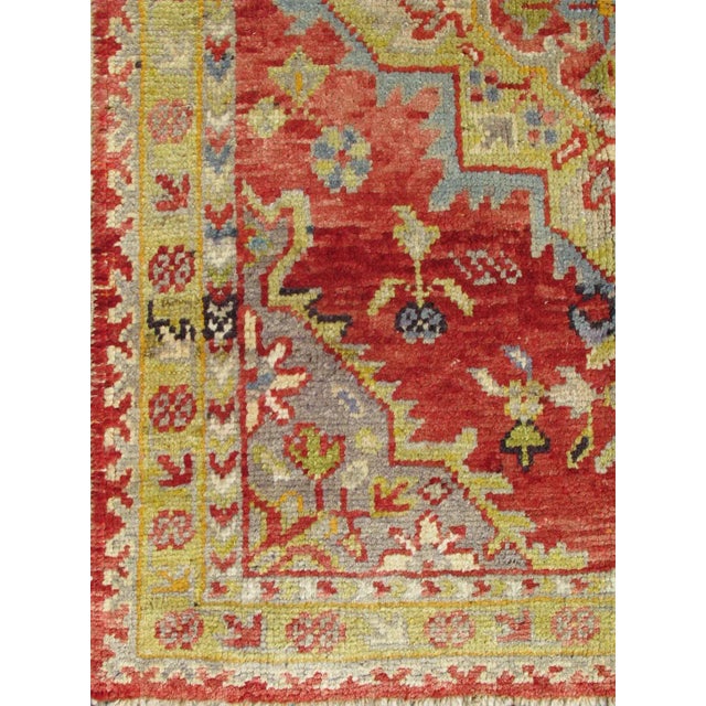 Turkish Antique Turkish Oushak Medallion Rug in Red, Chartreus Green Gray & Light Blue For Sale - Image 3 of 6