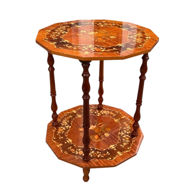 English Antique Inlaid Mahogany Octagon Two‑Tier Side Table — Floral Marquetry For Sale - Image 3 of 12