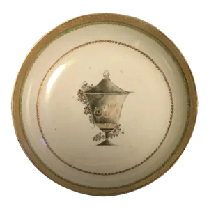 Antique 18th Century Chinese Export Porcelain Saucer Dish Decorated with en Grisaille Urn & Monogram