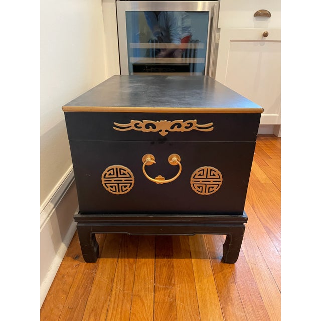 Vintage Mid Century Asian Carved Trunk on Stand With Brass Latch For Sale - Image 9 of 11