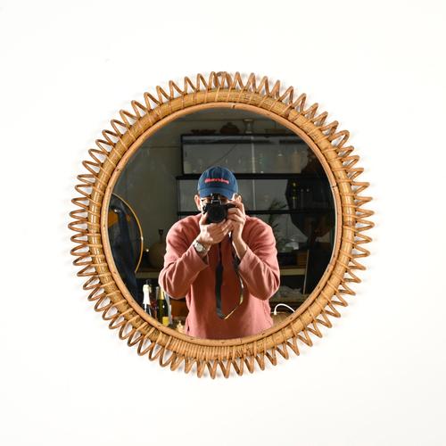 Wood Large Vintage Round Mirror in Rattan and Wicker by Franco Albini, 1960s For Sale - Image 7 of 13